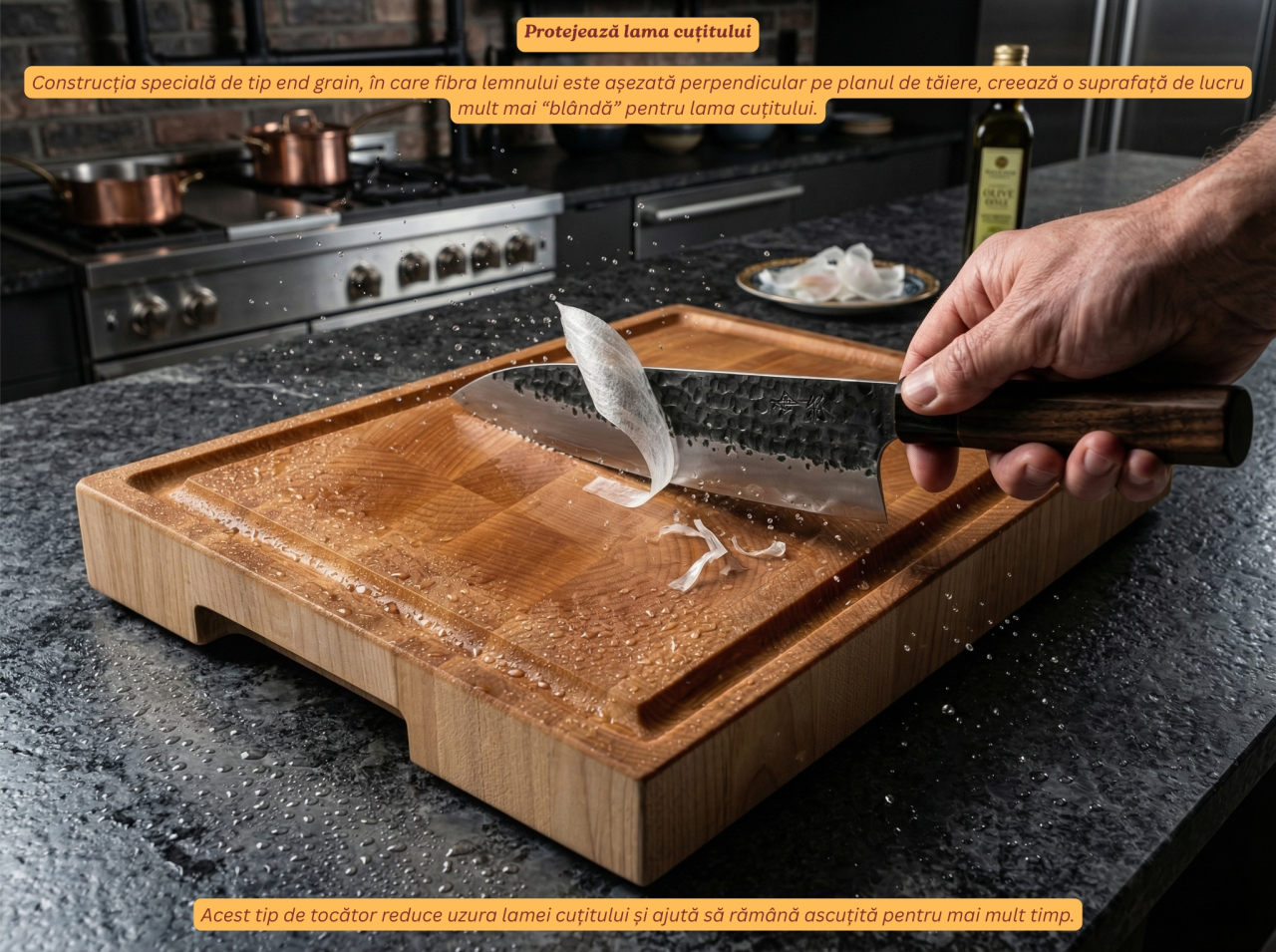 Tocator profesional de bucatarie, Fund din lemn masiv de paltin, Stil end grain, Calitate premium, 40x30x4 cm [7]