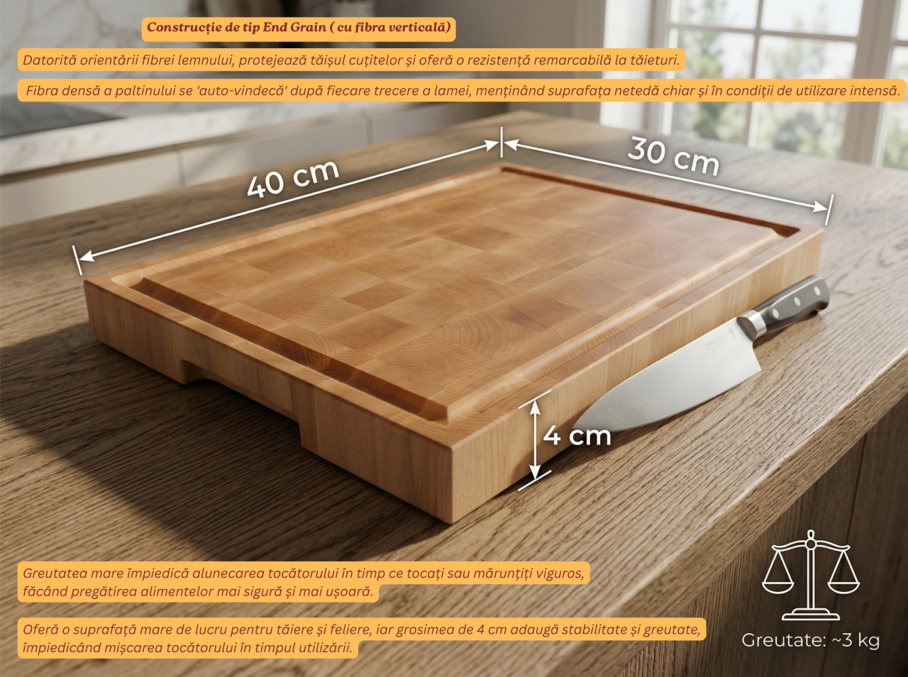Tocator profesional de bucatarie, Fund din lemn masiv de paltin, Stil end grain, Calitate premium, 40x30x4 cm [2]