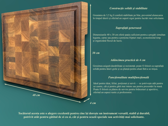 Tocator profesional de bucatarie, Fund din lemn masiv de stejar, Stil end grain, Calitate premium, 40x30x4 cm [5]