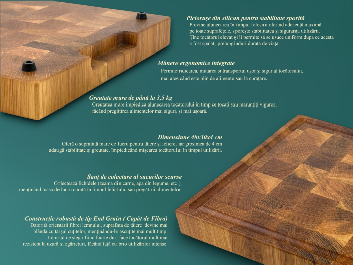 Tocator profesional de bucatarie, Fund din lemn masiv de stejar, Stil end grain, Calitate premium, 40x30x4 cm [4]