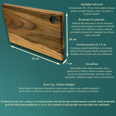 Tocator din lemn masiv de nuc european, Fund de bucatarie pentru taiat/servire, calitate superioara, 30x20 cm [8]