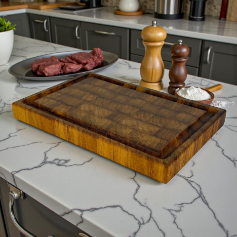 Tocătoare End Grain - Tocator profesional de bucatarie, Fund din lemn exotic de iroko, Stil end grain, Super premium, 30x20x3 cm