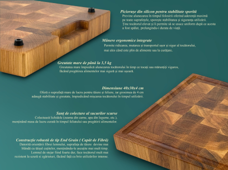 Tocator profesional de bucatarie, Fund din lemn masiv de stejar, Stil end grain, Calitate premium, 40x30x4 cm [3]