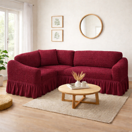 Husa BORDO coltar COL04,  bumbac embosat cu volan, pana la 300cm pe 300 cm latime