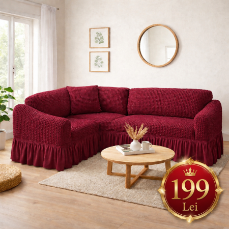 Husa BORDO coltar COL04,  bumbac embosat cu volan, pana la 300cm pe 300 cm latime