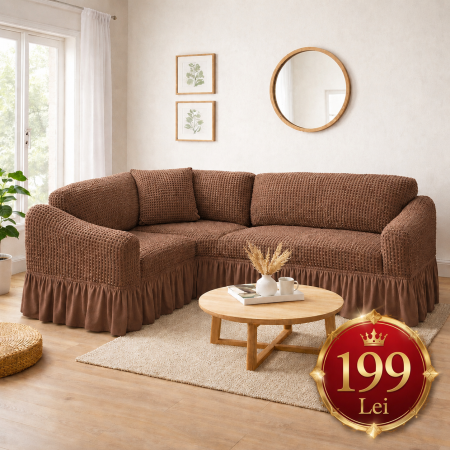 Set Huse Scaune, Canapea, Fotolii - Husa CAFEA coltar COL02,  bumbac embosat cu volan, pana la 300cm pe 300 cm latime