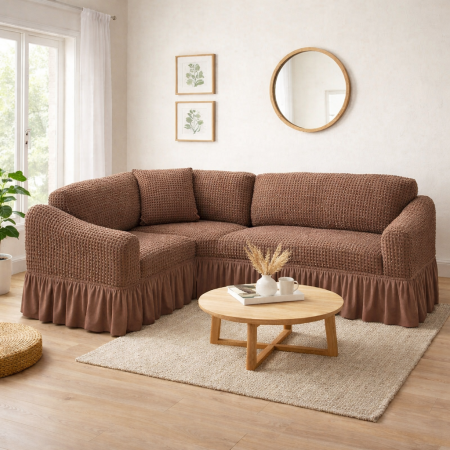 Set Huse Scaune, Canapea, Fotolii - Husa CAFEA coltar COL02,  bumbac embosat cu volan, pana la 300cm pe 300 cm latime