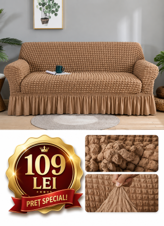 Husa canapea 3 locuri CAPUCINO - 3L01, bumbac embosat Cu Volan, 180 cm la 225 cm