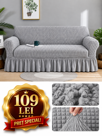 Set Huse Scaune, Canapea, Fotolii - Husa canapea 3 locuri GRI deschis - 3L04, bumbac embosat Cu Volan, 180 cm la 225 cm