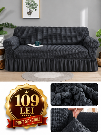 Set Huse Scaune, Canapea, Fotolii - Husa canapea 3 locuri GRI inchis - 3L03, bumbac embosat Cu Volan, 180 cm la 225 cm