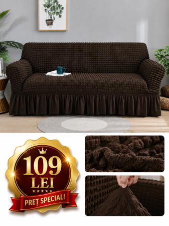 Set Huse Scaune, Canapea, Fotolii - Husa canapea 3 locuri MARO - 3L05, bumbac embosat Cu Volan, 180 cm la 225 cm