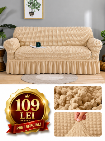 Set Huse Scaune, Canapea, Fotolii - Husa canapea 3 locuri UNT - 3L06, bumbac embosat Cu Volan, 180 cm la 225 cm