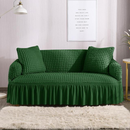 Set Huse Scaune, Canapea, Fotolii - Husa canapea 3 locuri VERDE - 3L07, bumbac embosat Cu Volan, 180 cm la 225 cm