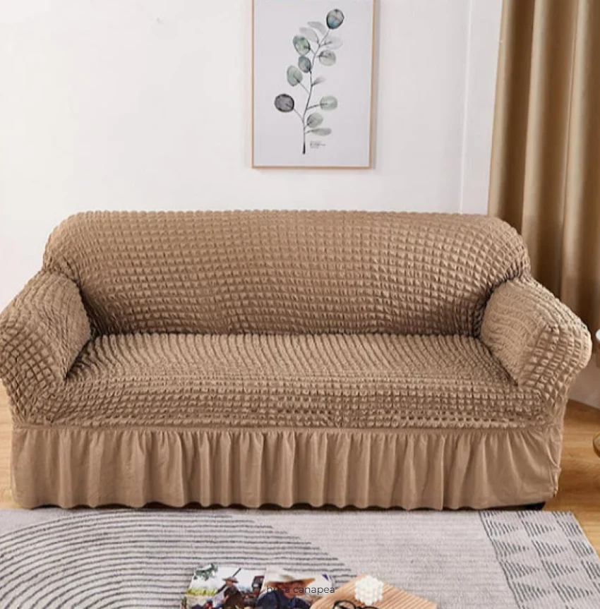 Set Huse Scaune, Canapea, Fotolii - Husa canapea 3 locuri CAPUCINO - 3L01, bumbac embosat Cu Volan, 180 cm la 225 cm