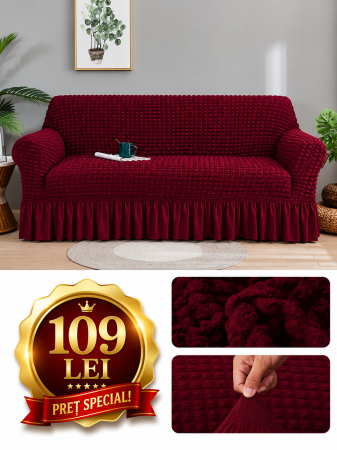 Set Huse Scaune, Canapea, Fotolii - Husa canapea 3 locuri VISINIU - 3L02, bumbac embosat Cu Volan, 180 cm la 225 cm