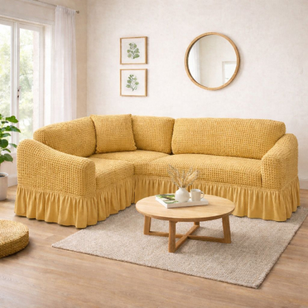 Set Huse Scaune, Canapea, Fotolii - Husa CREM coltar COL05,  bumbac embosat cu volan, pana la 300cm pe 300 cm latime