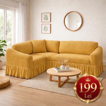 Set Huse Scaune, Canapea, Fotolii - Husa CREM coltar COL05,  bumbac embosat cu volan, pana la 300cm pe 300 cm latime
