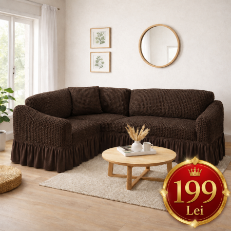 Set Huse Scaune, Canapea, Fotolii - Husa MARO coltar COL03,  bumbac embosat cu volan, pana la 300cm pe 300 cm latime