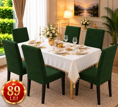 Set Huse Scaune, Canapea, Fotolii - Set 6 Huse Scaun din Bumbac Embosat VERDE| HFV08