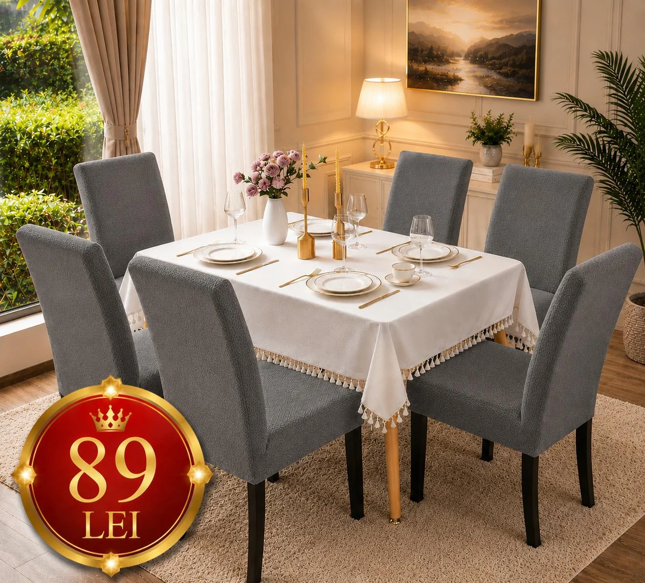 Set Huse Scaune, Canapea, Fotolii - Set 6 Huse Scaun din Bumbac Embosat GRI | HFV06
