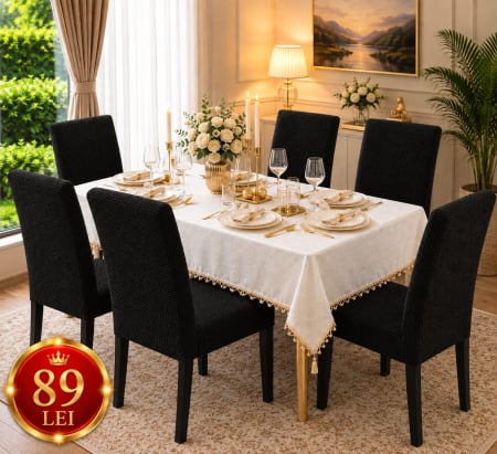 Set Huse Scaune, Canapea, Fotolii - Set 6 Huse Scaun din Bumbac Embosat NEGRU| HFV02