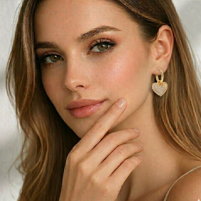 Cercei Aurii cu Inimă și Pietre Strălucitoare „Celeste Heart” – Design Elegant, Hoop Modern [2]
