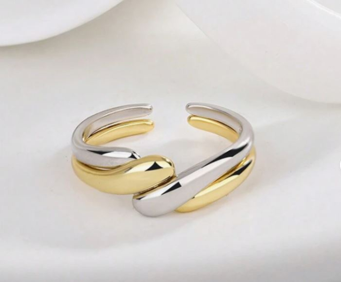 Inel Reglabil Bicolor din Oțel Inoxidabil – Design Twist Auriu & Argintiu, Stil Modern Elegant [2]