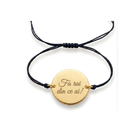 Bratari argint personalizate - Brățară Șnur Negru Reglabil –Argint 925 Placat cu Aur – Mesaj Inspirațional