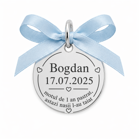 Cadouri Personalizate - Bănuț din Argint Personalizat pentru Băiețel – Cadou 1 An (Tăierea Moțului) cu Fundiță Bleu