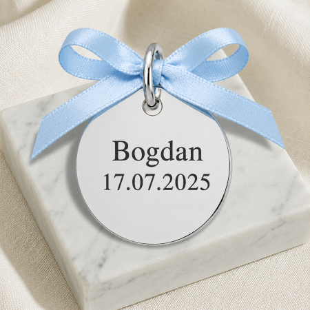 Bratari copii si banuti argint - Bănuț din Argint Personalizat pentru Băiețel – Cadou 1 An (Tăierea Moțului) cu Fundiță Bleu