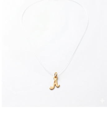 Coliere argint simbol - Colier cu șnur transparent și literă din argint suflat cu aur – colier personalizat minimalist