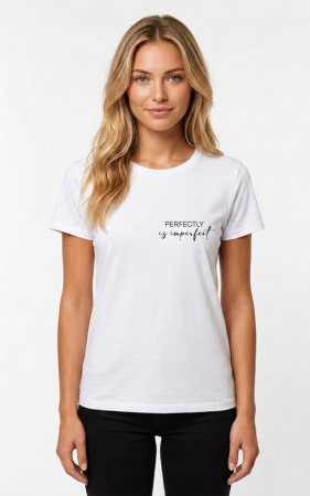 Tricouri personalizate - Tricou alb „Perfectly is imperfect” – bumbac premium, design minimalist aesthetic
