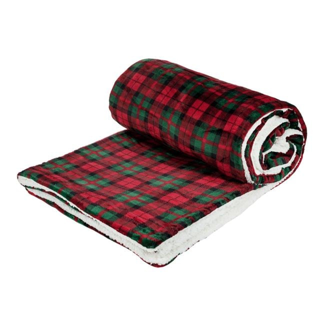 Patura - Cuvertura de Craciun Rosie cu Carouri Blana Alba Sherpa 200x150cm [2]