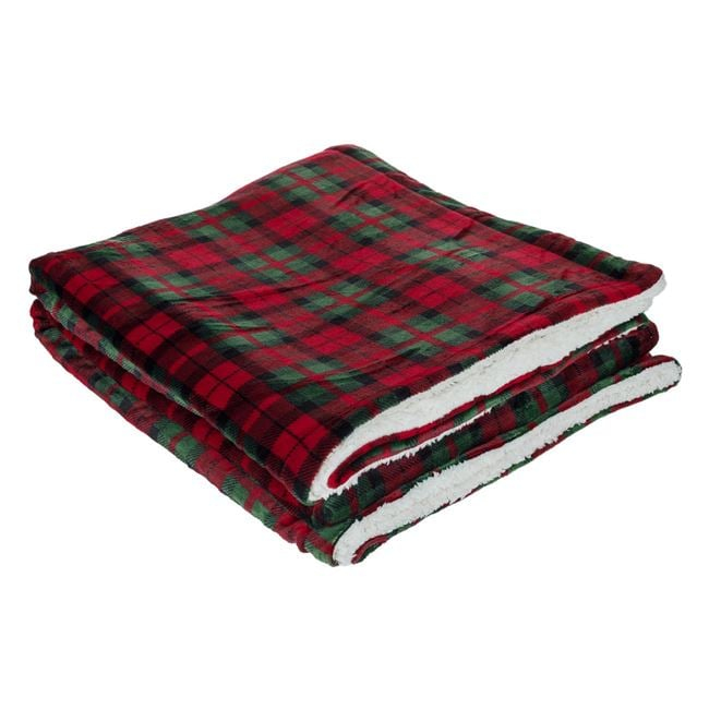 Cuvertura Decorativa de Craciun Catifelata Rosie cu Carouri Imitatie de Blana Alba Sherpa 160x130cm [2]