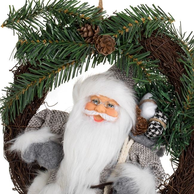 Coroana Decorativa din Lemn cu Figurina Mos Craciun cu Haine Gri 30cm [3]