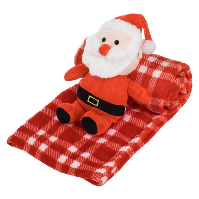 Patura Decorativa Catifelata de Craciun Rosie Velvet in Carouri cu Jucarie de Plus Mos Craciun 100x75cm [5]