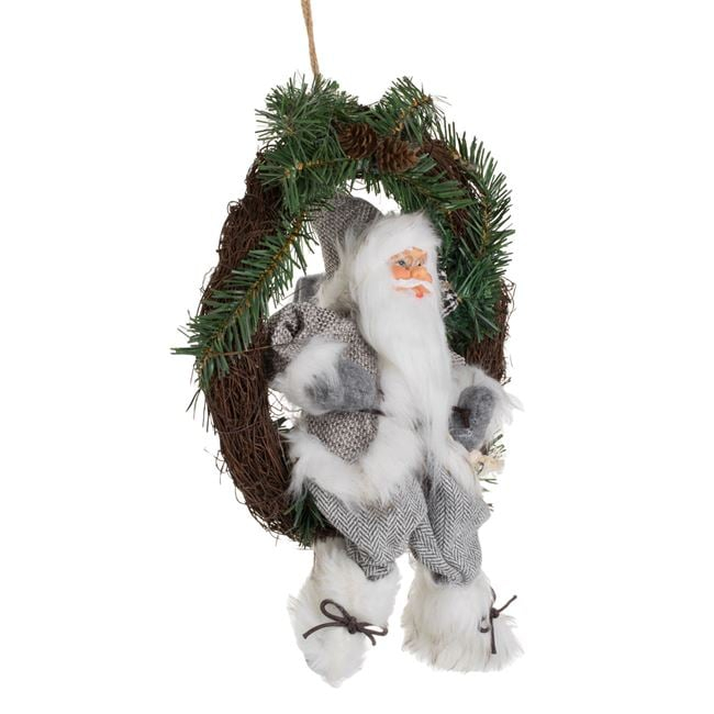 Coroana Decorativa din Lemn cu Figurina Mos Craciun cu Haine Gri 30cm [2]