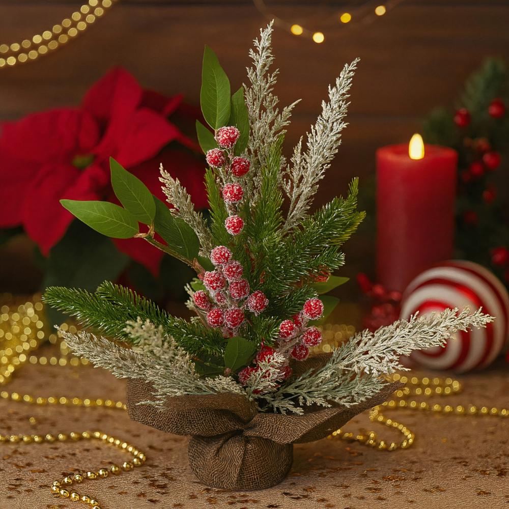 Decoraţiune de Crăciun 40 cm din Brad Artificial – Merişoare Roşii, Conuri şi Zăpadă Artificială, Împachetată în Pânză [2]