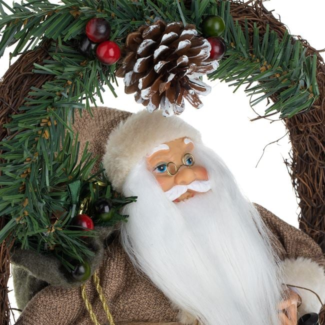 Coronita Decorativa de Craciun din Lemn cu Mos Craciun cu Haina Maro & Felinar Ø30cm [3]