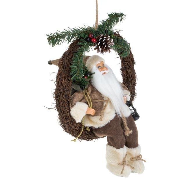 Coronita Decorativa de Craciun din Lemn cu Mos Craciun cu Haina Maro & Felinar Ø30cm [2]