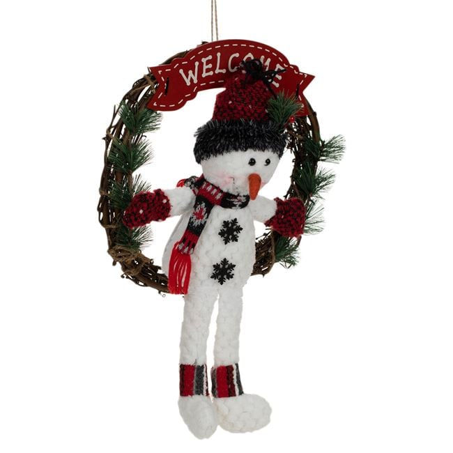 Coronita Decorativa de Craciun din Lemn Om de Zapada Welcome Rosu 33cm [2]