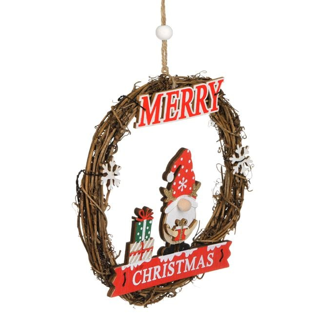 Decoratiune de Craciun din Lemn Coronita cu Figurina de Gnome Nas Pompon Ø16cm [2]