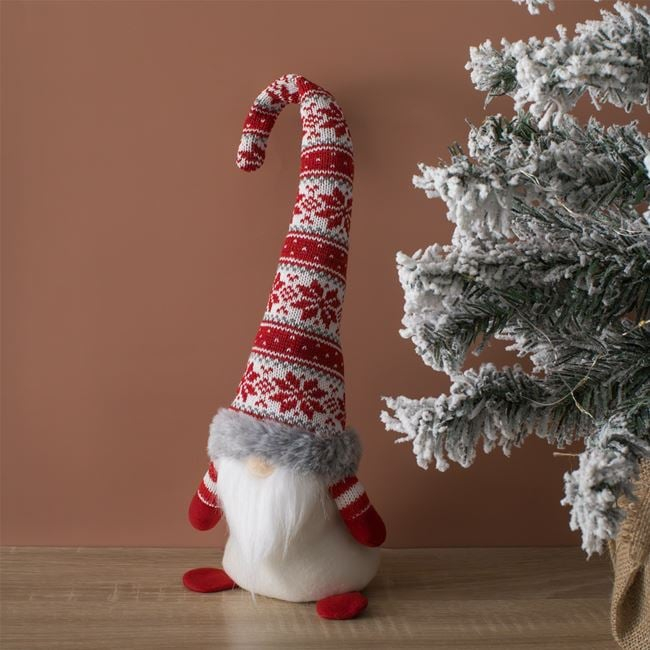 Figurina Decorativa de Craciun Gnome cu Caciula Rosie Zacquard Imitatie de Blana Gri 42cm [3]