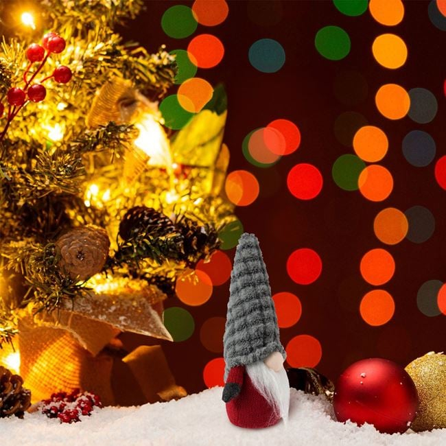 Figurina Decorativa Mos Craciun Gnome Rosu Caciula Gri din Blana Artificiala 25cm [3]