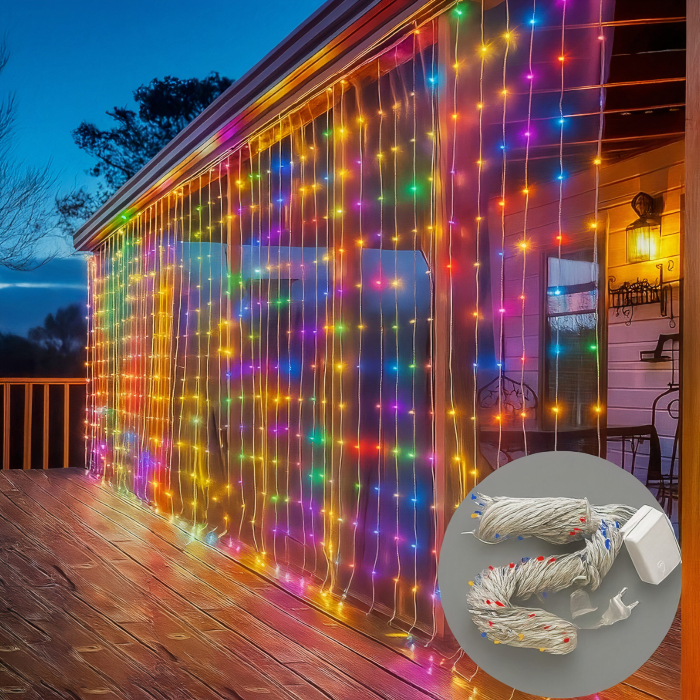 Instalație de Crăciun 4x3m Model Perdea cu 378 LED-uri Multicolore, Fir Transparent, Interconectabilă, pentru Interior și Exterior [1]