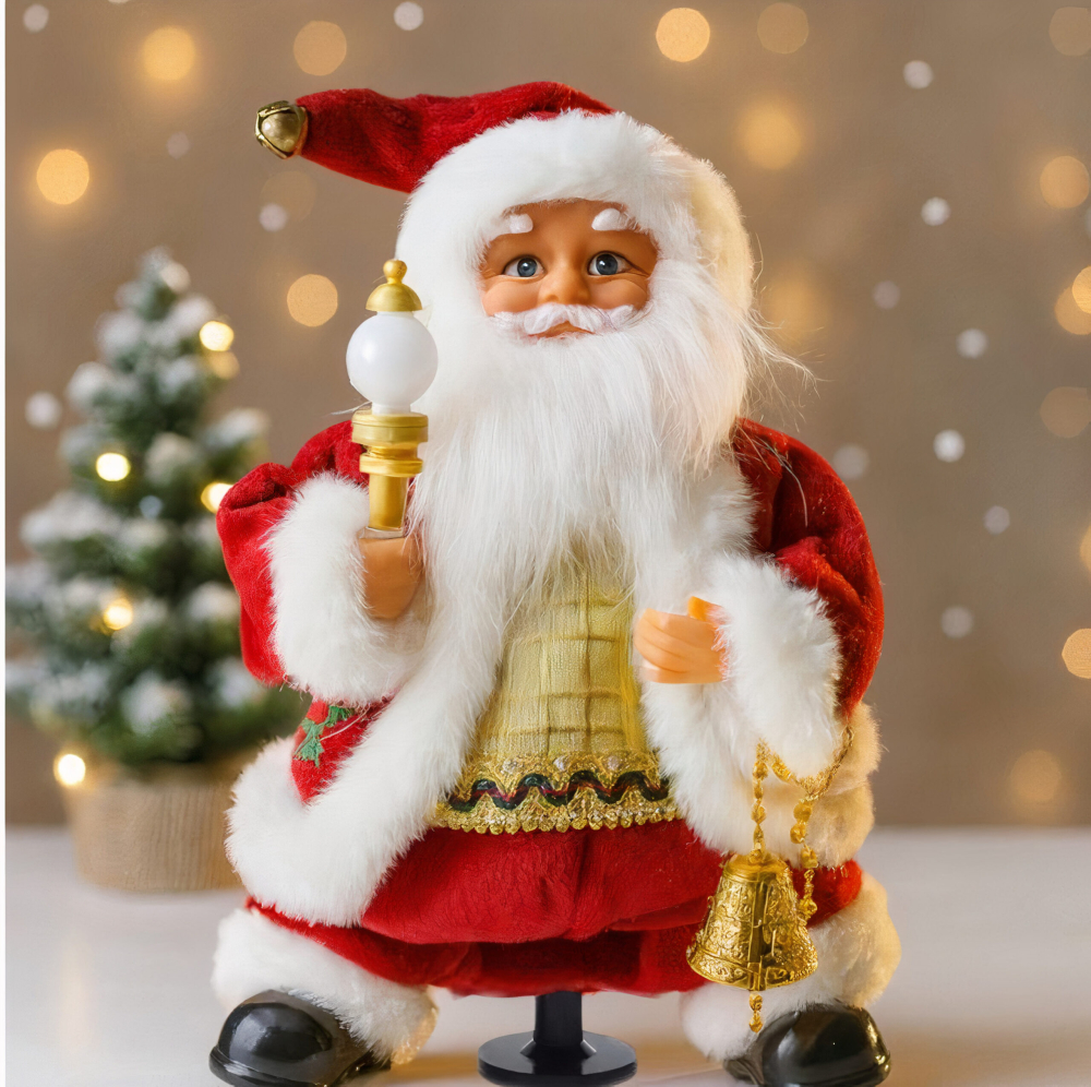 Moș Crăciun Dansator 25 cm cu Muzică, Mișcare și Bază Rotativă – Costum din Catifea Roșie, Toiag și Clopoțel [2]