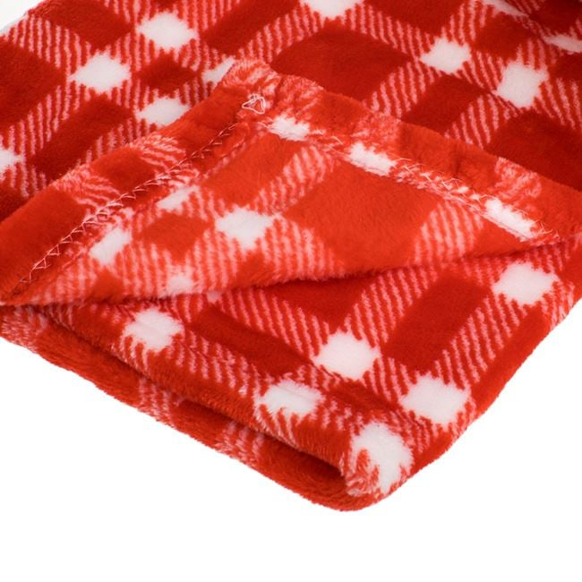 Patura Decorativa Catifelata de Craciun Rosie Velvet in Carouri cu Jucarie de Plus Mos Craciun 100x75cm [3]