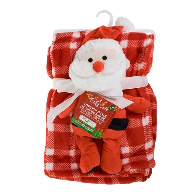 Patura Decorativa Catifelata de Craciun Rosie Velvet in Carouri cu Jucarie de Plus Mos Craciun 100x75cm [4]