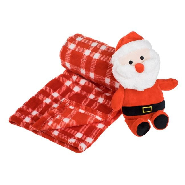 Patura Decorativa Catifelata de Craciun Rosie Velvet in Carouri cu Jucarie de Plus Mos Craciun 100x75cm [2]