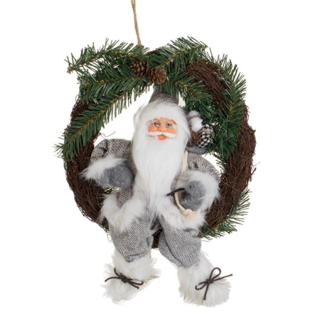 Ornamente Craciun - Coroana Decorativa din Lemn cu Figurina Mos Craciun cu Haine Gri 30cm
